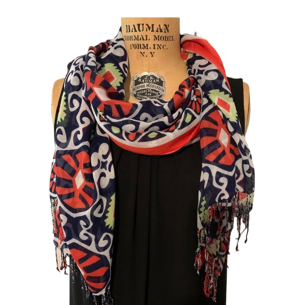 Vintage Vera Bradley Bright Abstract Rayon Scarf with Braided Fringe Multicolor